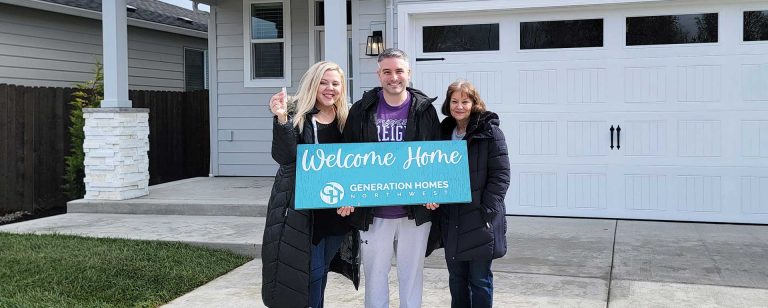 photo of multigenerational family outside their new Generation Homes Northwest home.